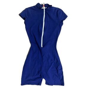 Best Cody Womens Royal Blue White Mock Neck Short Sleeve Mini Jumpsuit Small